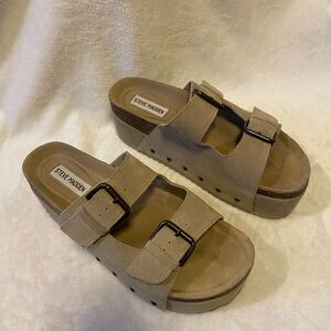 Steve Madden Kali Taupe Suede Double Buckle Platform Sandals